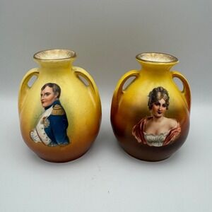 Vintage Napoleon and Josephine Portrait Vases Set of 2 Yellow Brown Gold Trim